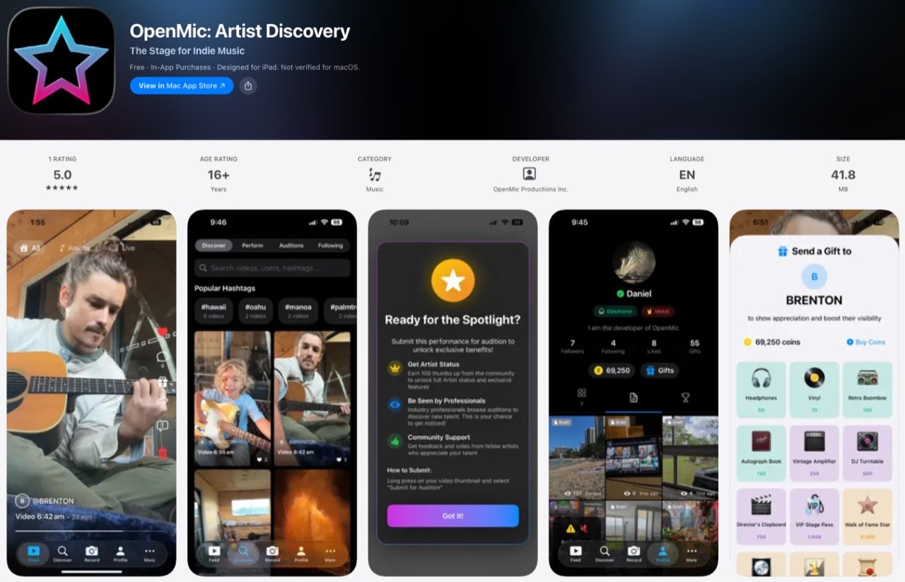 OpenMic on the App Store — an iOS artist-discovery app where musicians perform live, get discovered by professionals, and earn from tips and digital gifts.